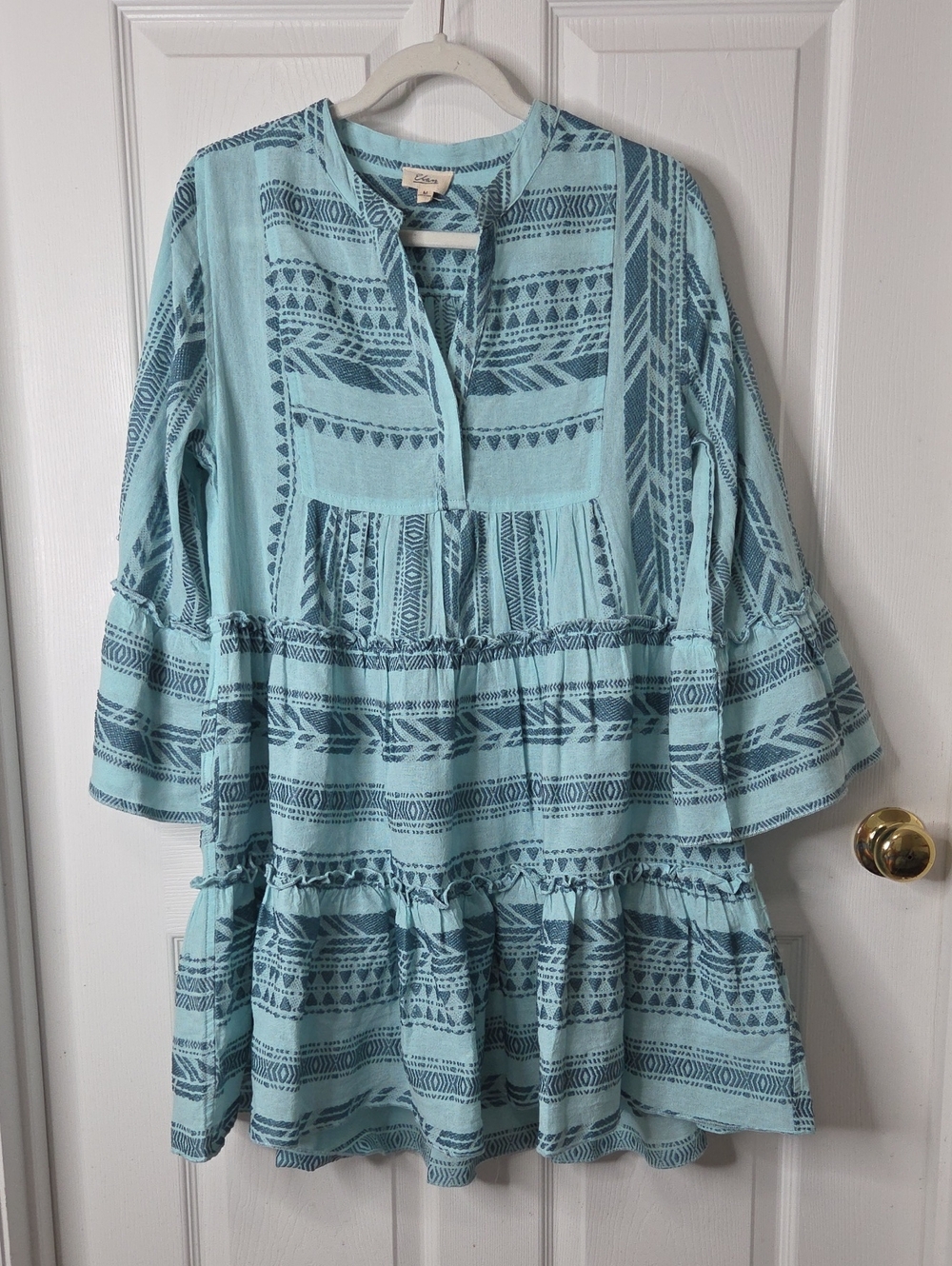 Elan Blue Geometric Boho Tiered Bell Sleeve Dress M